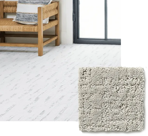 A room scene showing white patterned carpet by a glass door, overlaid with a square swatch of the textured gray carpet pile.